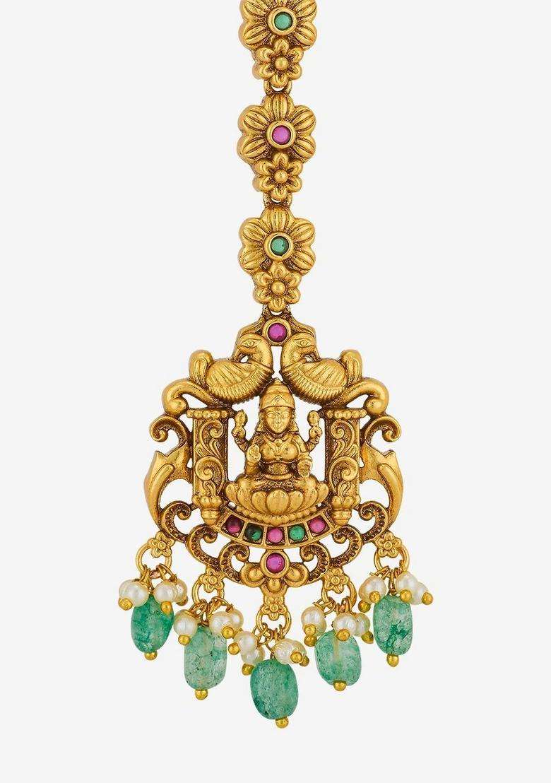 Gold-Plated Artificial Stones and Beads Studded Maang Tikka Head Jewellery for Women | Traditional Temple Jewellery for Wedding & Festive Wear | Gift for Her - Indya