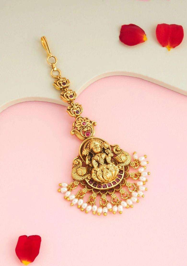 Gold-Plated Stones Studded Maang Tikka Head Jewellery for Women | Traditional Temple Jewellery for Wedding & Festive Wear | Gift for Her - Indya