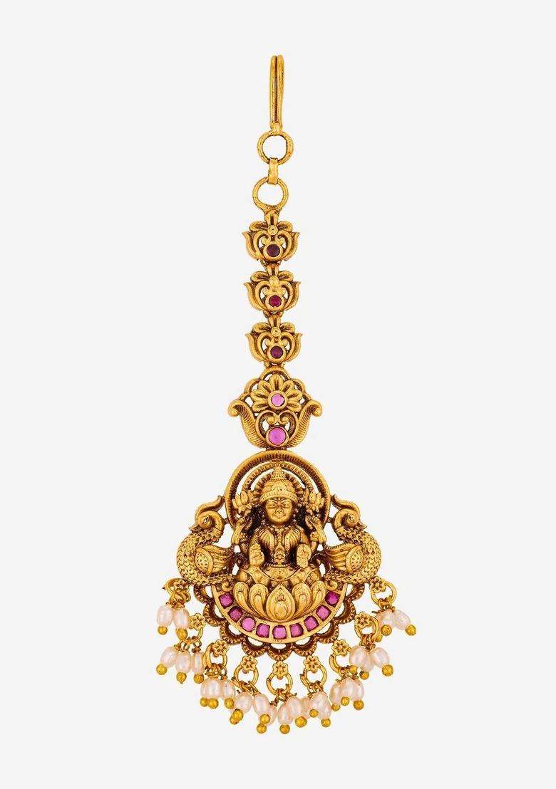 Gold-Plated Stones Studded Maang Tikka Head Jewellery for Women | Traditional Temple Jewellery for Wedding & Festive Wear | Gift for Her - Indya