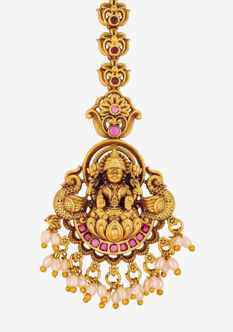 Gold-Plated Stones Studded Maang Tikka Head Jewellery for Women | Traditional Temple Jewellery for Wedding & Festive Wear | Gift for Her - Indya