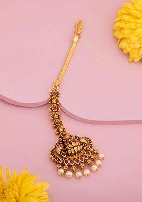 Gold-Plated Artificial Stones and Beads Studded Maang Tikka Head Jewellery for Women | Traditional Temple Jewellery for Wedding & Festive Wear | Gift for Her