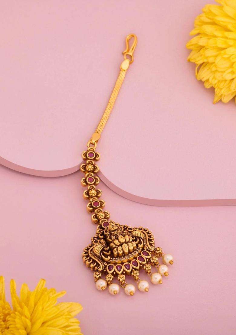 Gold-Plated Artificial Stones and Beads Studded Maang Tikka Head Jewellery for Women | Traditional Temple Jewellery for Wedding & Festive Wear | Gift for Her - Indya