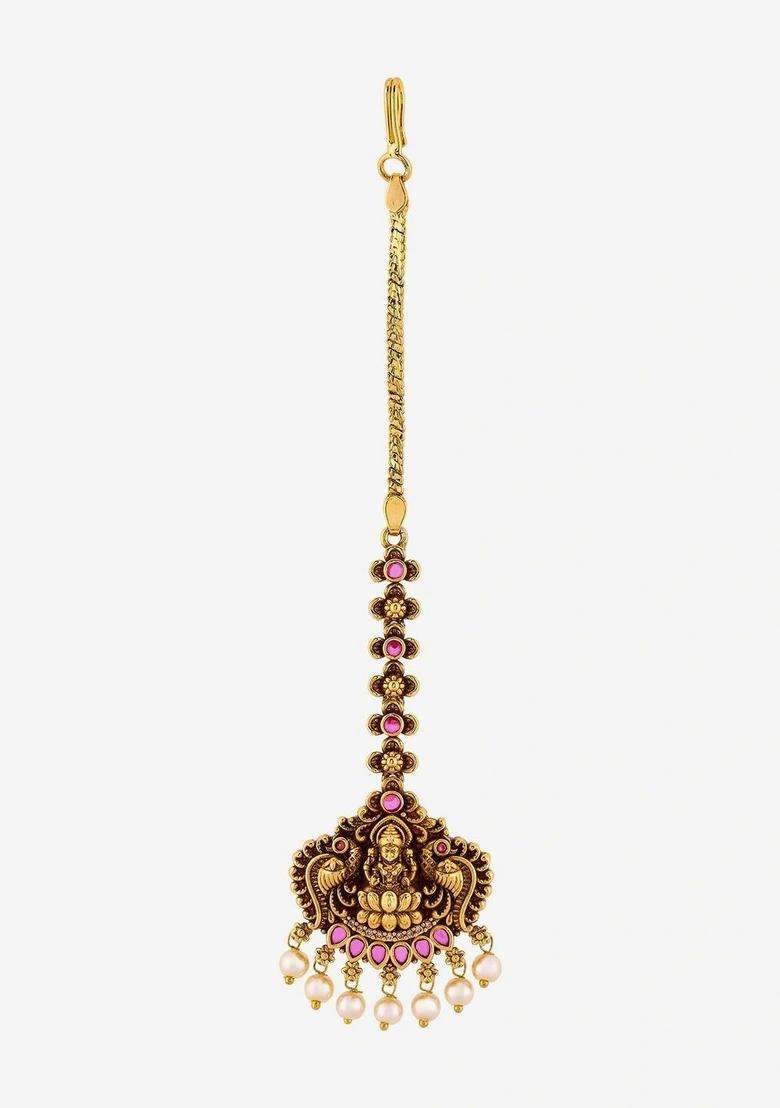 Gold-Plated Artificial Stones and Beads Studded Maang Tikka Head Jewellery for Women | Traditional Temple Jewellery for Wedding & Festive Wear | Gift for Her - Indya