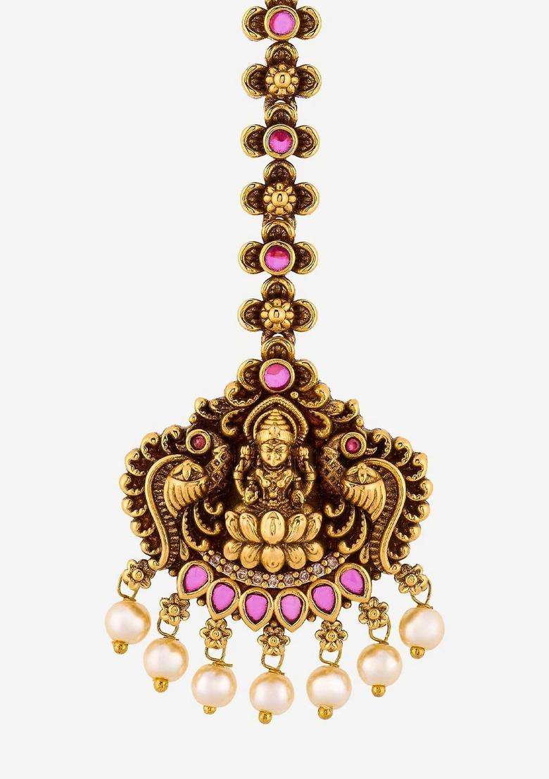 Gold-Plated Artificial Stones and Beads Studded Maang Tikka Head Jewellery for Women | Traditional Temple Jewellery for Wedding & Festive Wear | Gift for Her - Indya