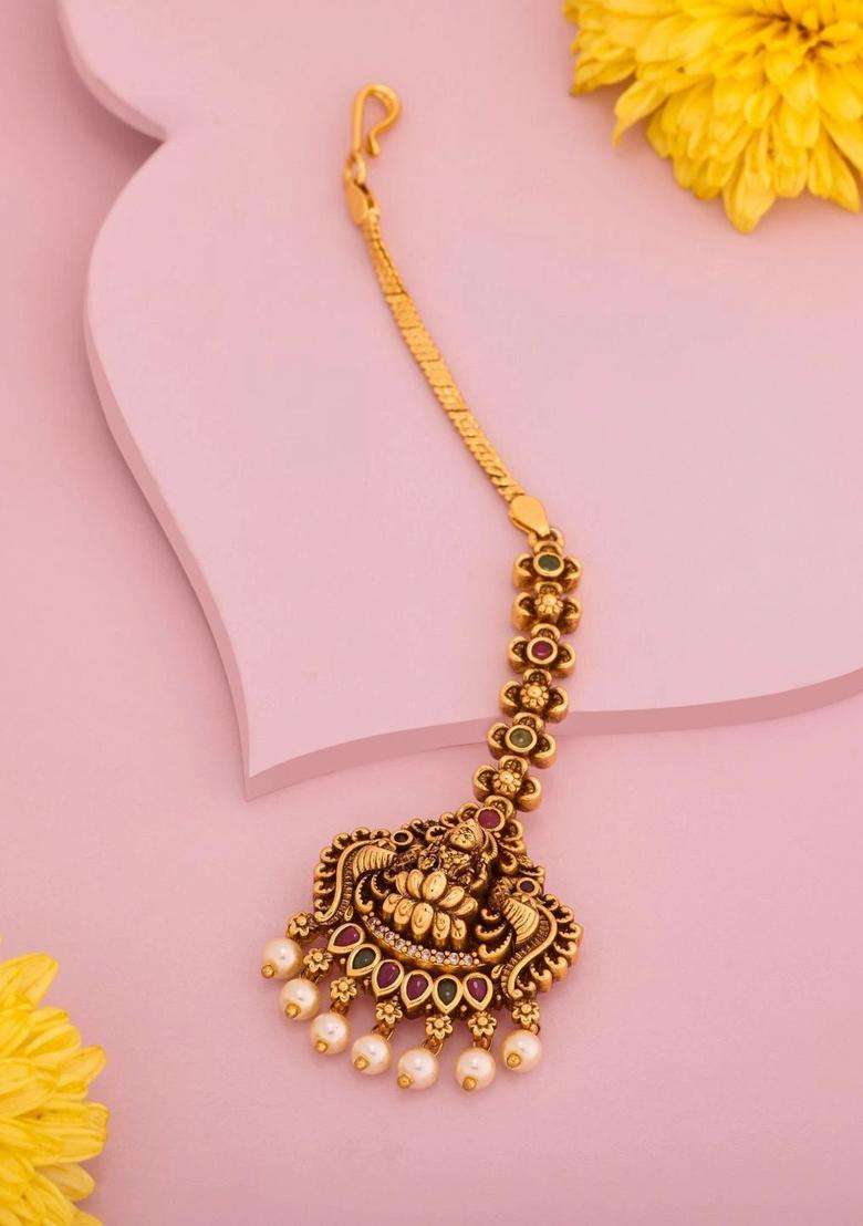 Gold-Plated Stones and Beads Studded Maang Tikka Head Jewellery for Women | Traditional Temple Jewellery for Wedding & Festive Wear | Gift for Her - Indya