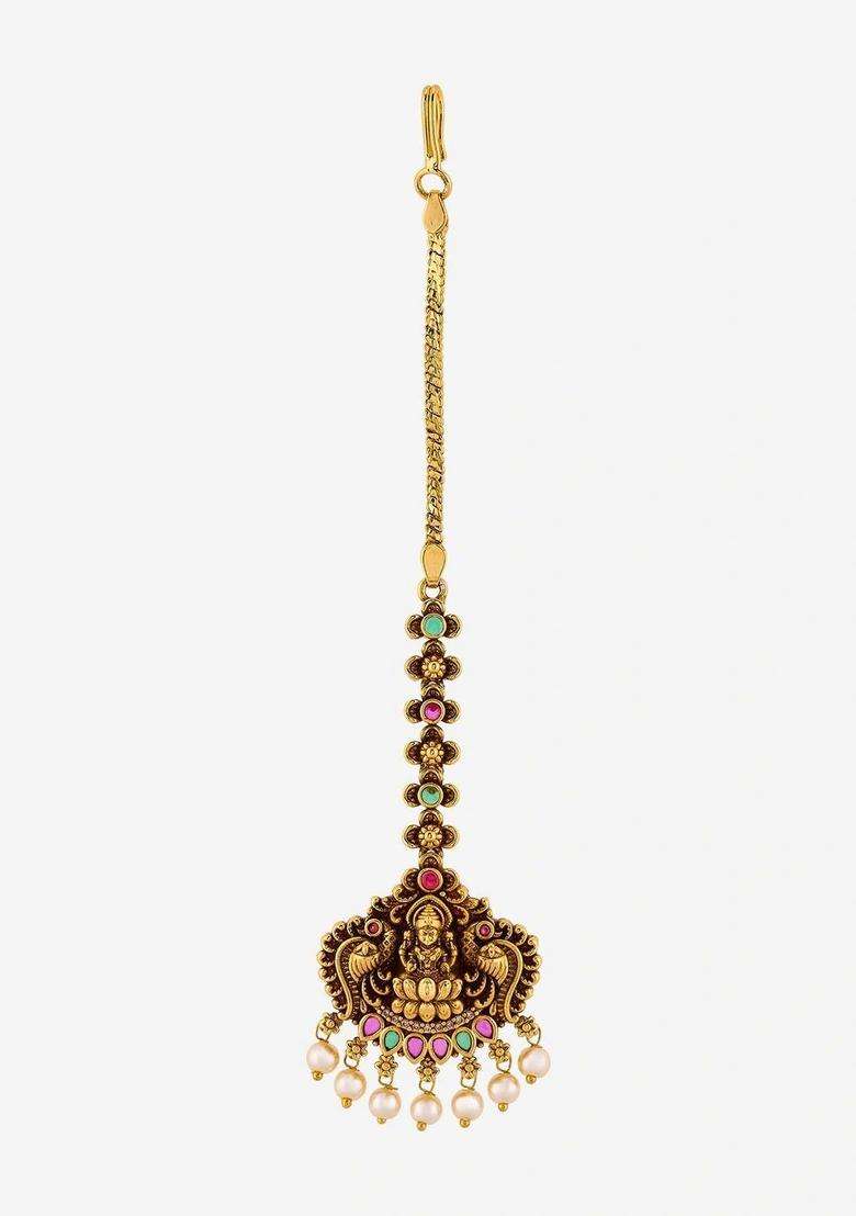 Gold-Plated Stones and Beads Studded Maang Tikka Head Jewellery for Women | Traditional Temple Jewellery for Wedding & Festive Wear | Gift for Her - Indya