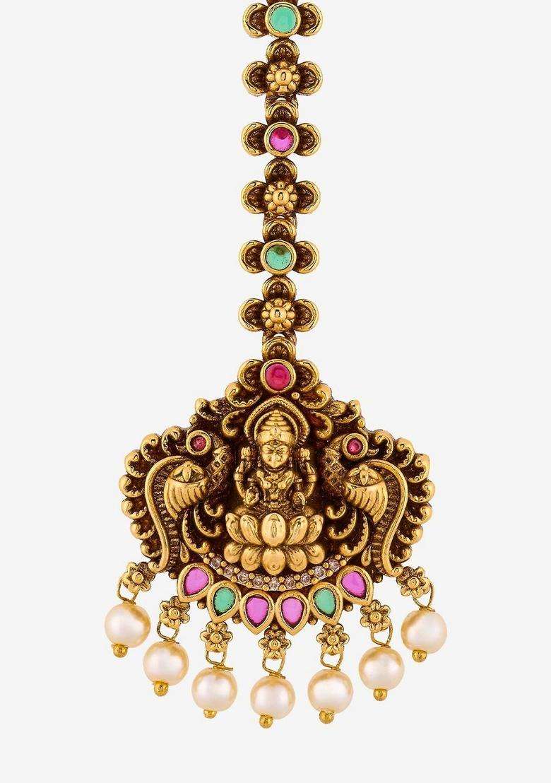 Gold-Plated Stones and Beads Studded Maang Tikka Head Jewellery for Women | Traditional Temple Jewellery for Wedding & Festive Wear | Gift for Her - Indya