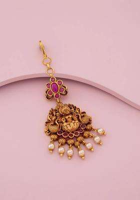 Gold-Plated Artificial Stones Studded Maang Tikka Head Jewellery for Women | Traditional Temple Jewellery for Wedding & Festive Wear | Gift for Her