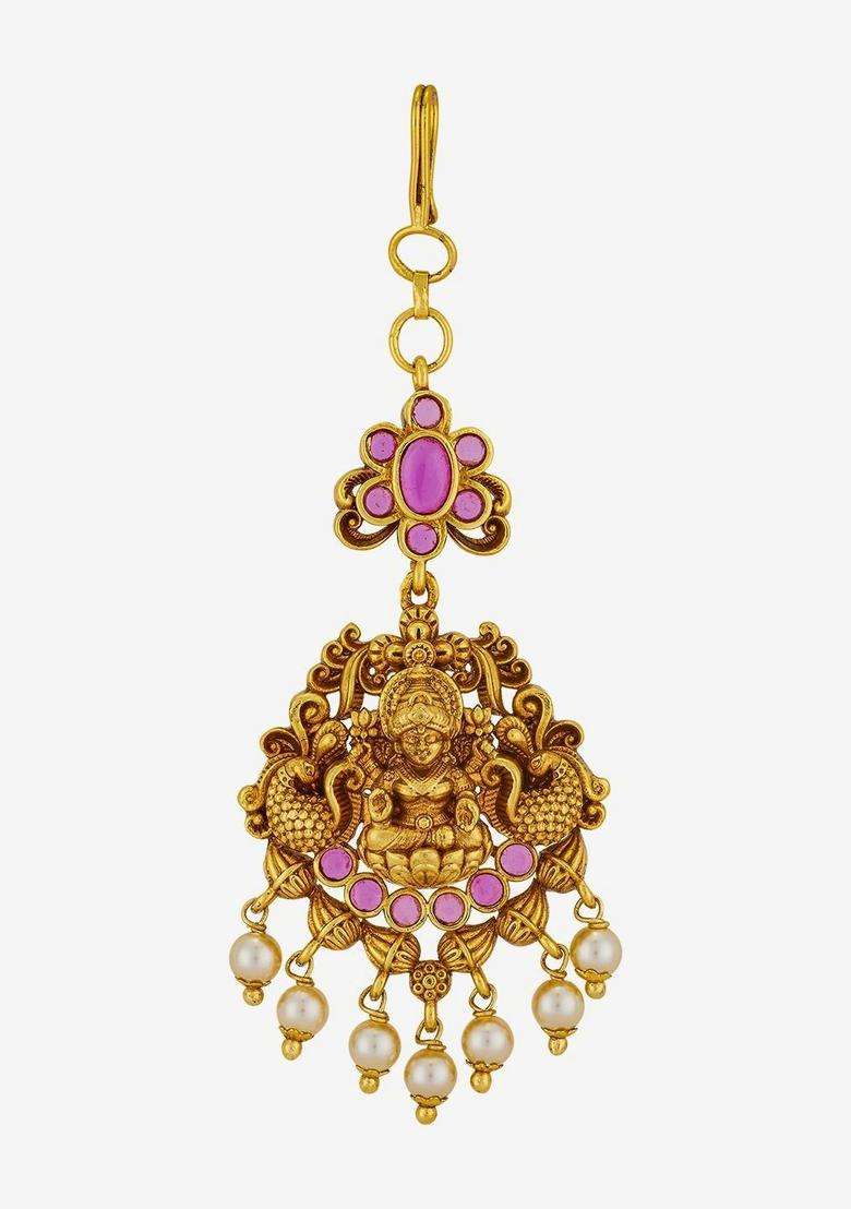 Gold-Plated Artificial Stones Studded Maang Tikka Head Jewellery for Women | Traditional Temple Jewellery for Wedding & Festive Wear | Gift for Her - Indya