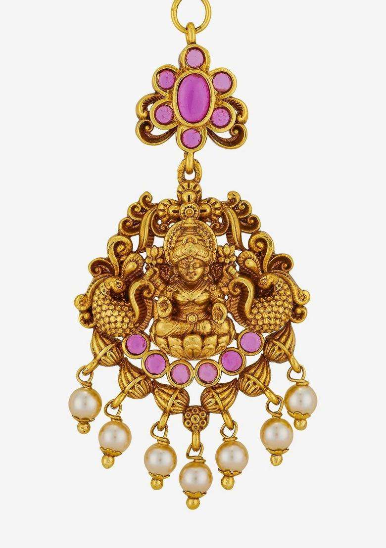 Gold-Plated Artificial Stones Studded Maang Tikka Head Jewellery for Women | Traditional Temple Jewellery for Wedding & Festive Wear | Gift for Her - Indya