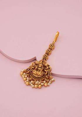 Gold-Plated Artificial Stones and Beads Studded Maang Tikka Head Jewellery for Women | Traditional Temple Jewellery for Wedding & Festive Wear | Gift for Her