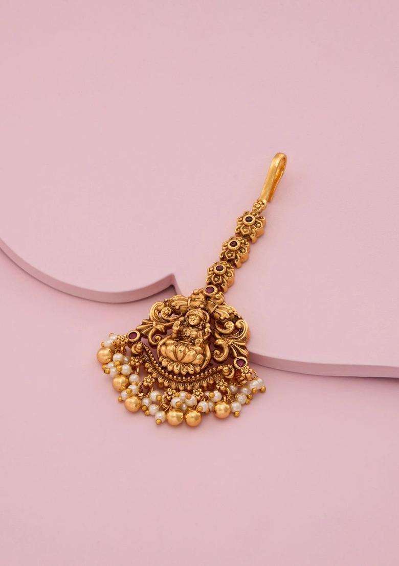 Gold-Plated Artificial Stones and Beads Studded Maang Tikka Head Jewellery for Women | Traditional Temple Jewellery for Wedding & Festive Wear | Gift for Her - Indya