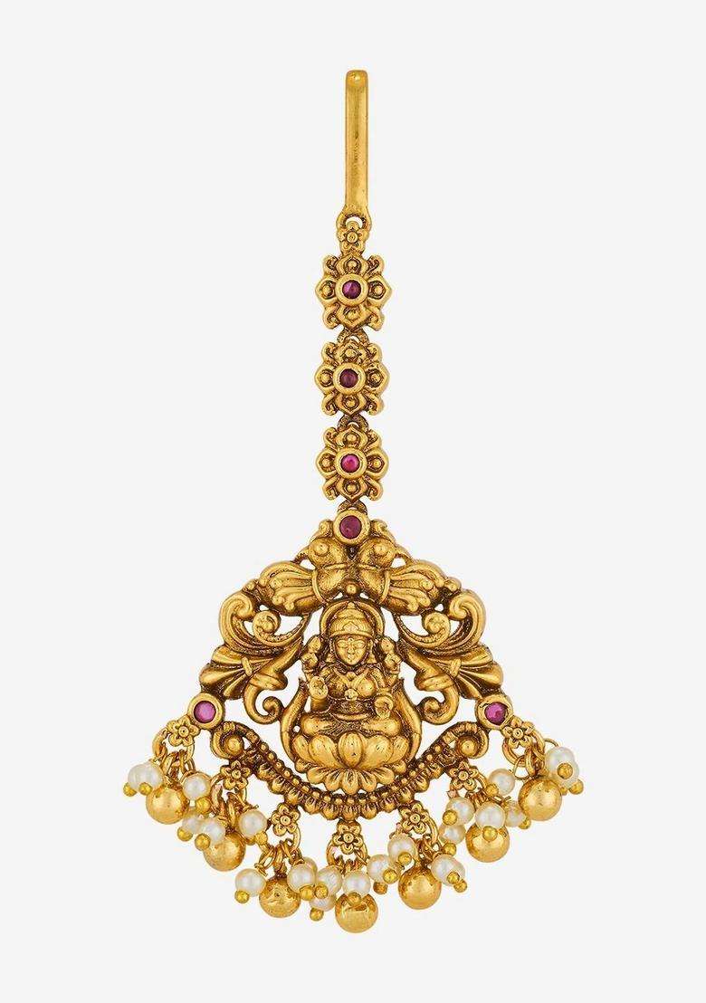 Gold-Plated Artificial Stones and Beads Studded Maang Tikka Head Jewellery for Women | Traditional Temple Jewellery for Wedding & Festive Wear | Gift for Her - Indya