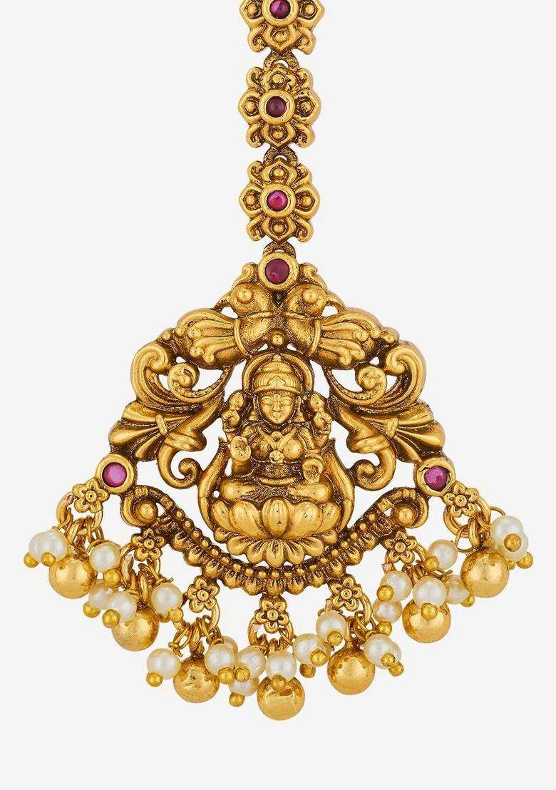 Gold-Plated Artificial Stones and Beads Studded Maang Tikka Head Jewellery for Women | Traditional Temple Jewellery for Wedding & Festive Wear | Gift for Her - Indya