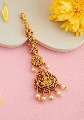 Gold-Plated Artificial Stones and Beads Studded Maang Tikka Head Jewellery for Women | Traditional Temple Jewellery for Wedding & Festive Wear | Gift for Her