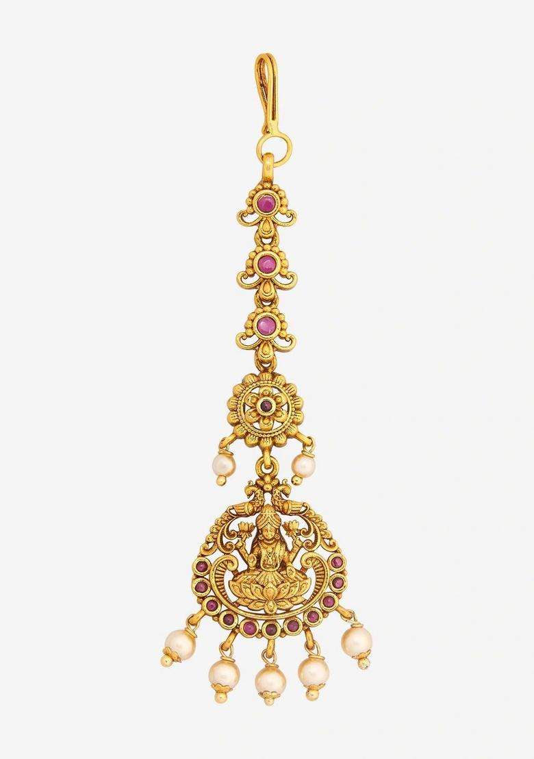 Gold-Plated Artificial Stones and Beads Studded Maang Tikka Head Jewellery for Women | Traditional Temple Jewellery for Wedding & Festive Wear | Gift for Her - Indya