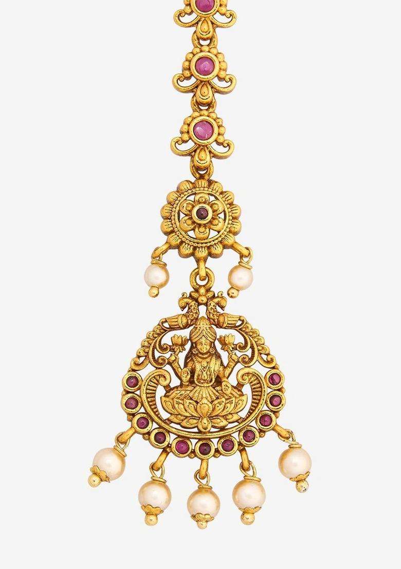 Gold-Plated Artificial Stones and Beads Studded Maang Tikka Head Jewellery for Women | Traditional Temple Jewellery for Wedding & Festive Wear | Gift for Her - Indya
