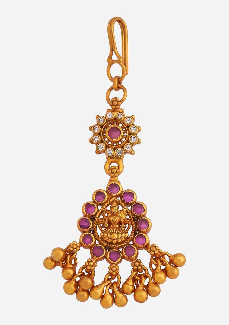 Embellished Bridal 925 Silver Gold-Plated Studded Maang Tikka for Women | Traditional Temple Jewellery for Wedding & Festive Wear | Gift for Her - Indya