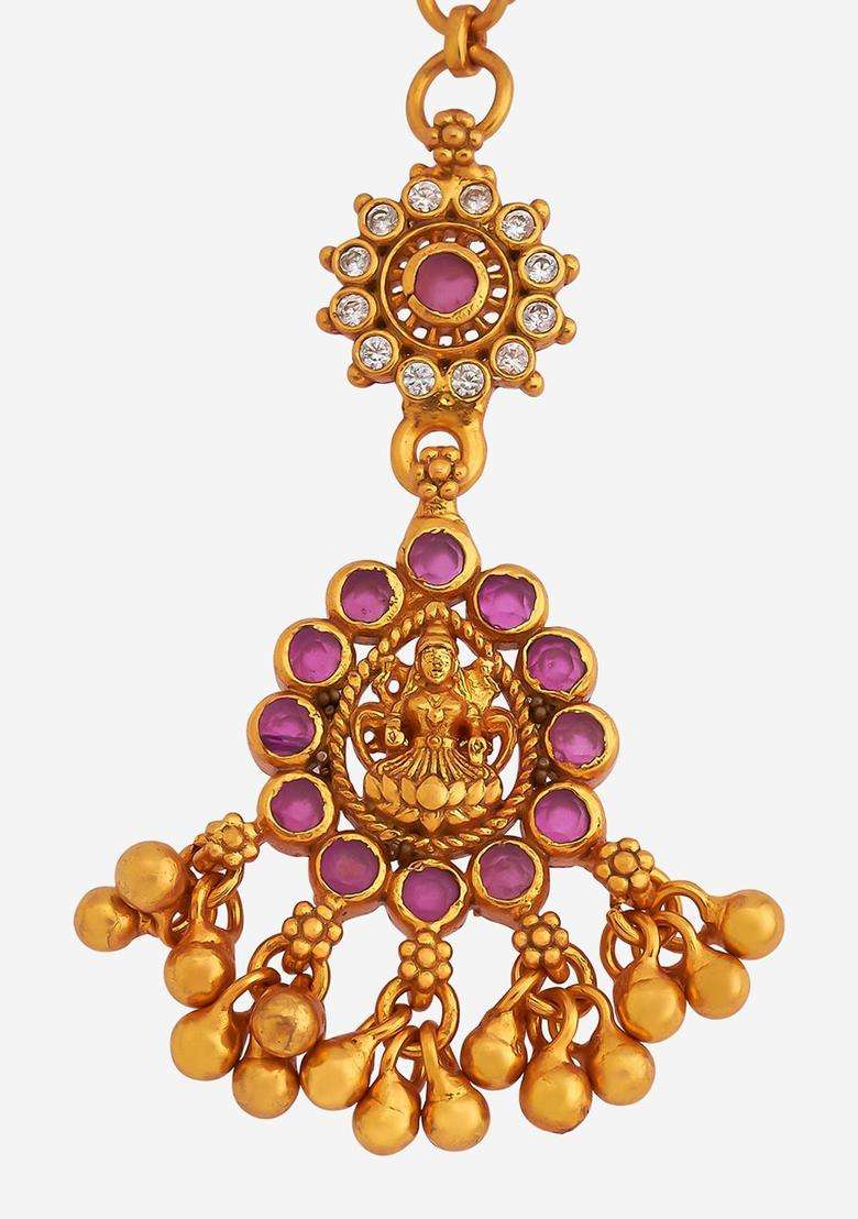 Embellished Bridal 925 Silver Gold-Plated Studded Maang Tikka for Women | Traditional Temple Jewellery for Wedding & Festive Wear | Gift for Her - Indya