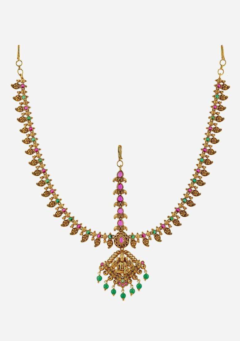 Green Gold-Plated Matha Patti Ruby Ethnic Tikka Head for Women | Traditional Temple Jewellery for Wedding & Festive Wear | Gift for Her - Indya