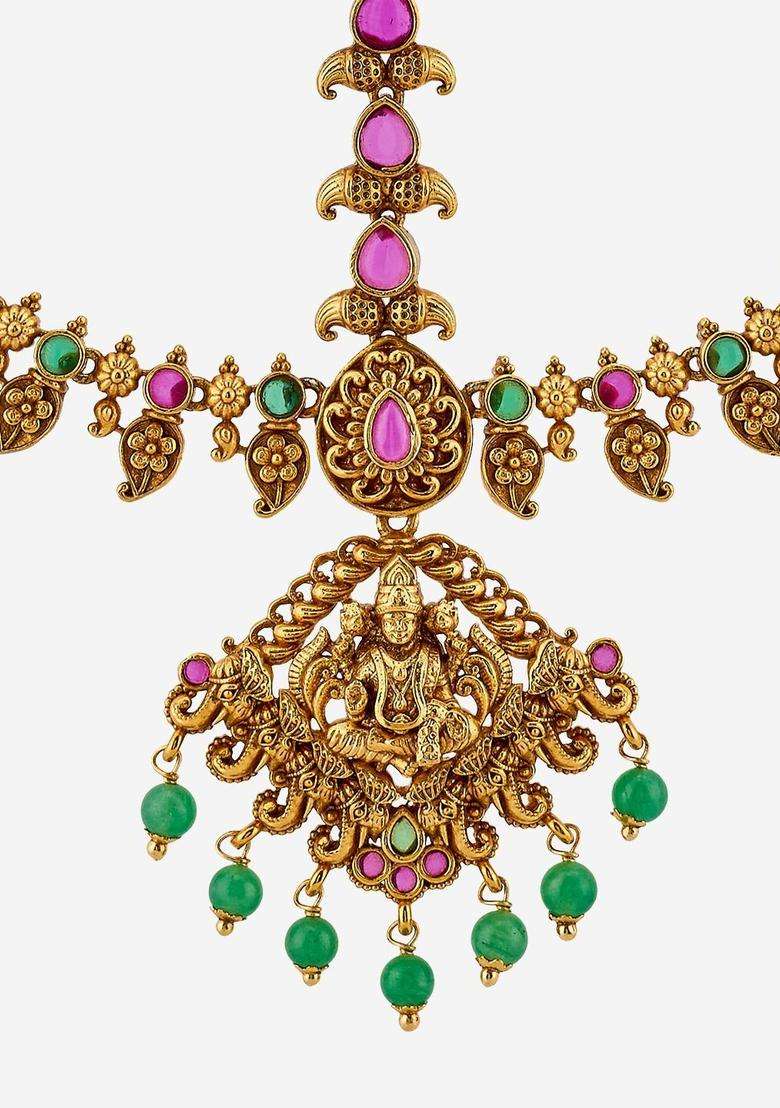 Green Gold-Plated Matha Patti Ruby Ethnic Tikka Head for Women | Traditional Temple Jewellery for Wedding & Festive Wear | Gift for Her - Indya