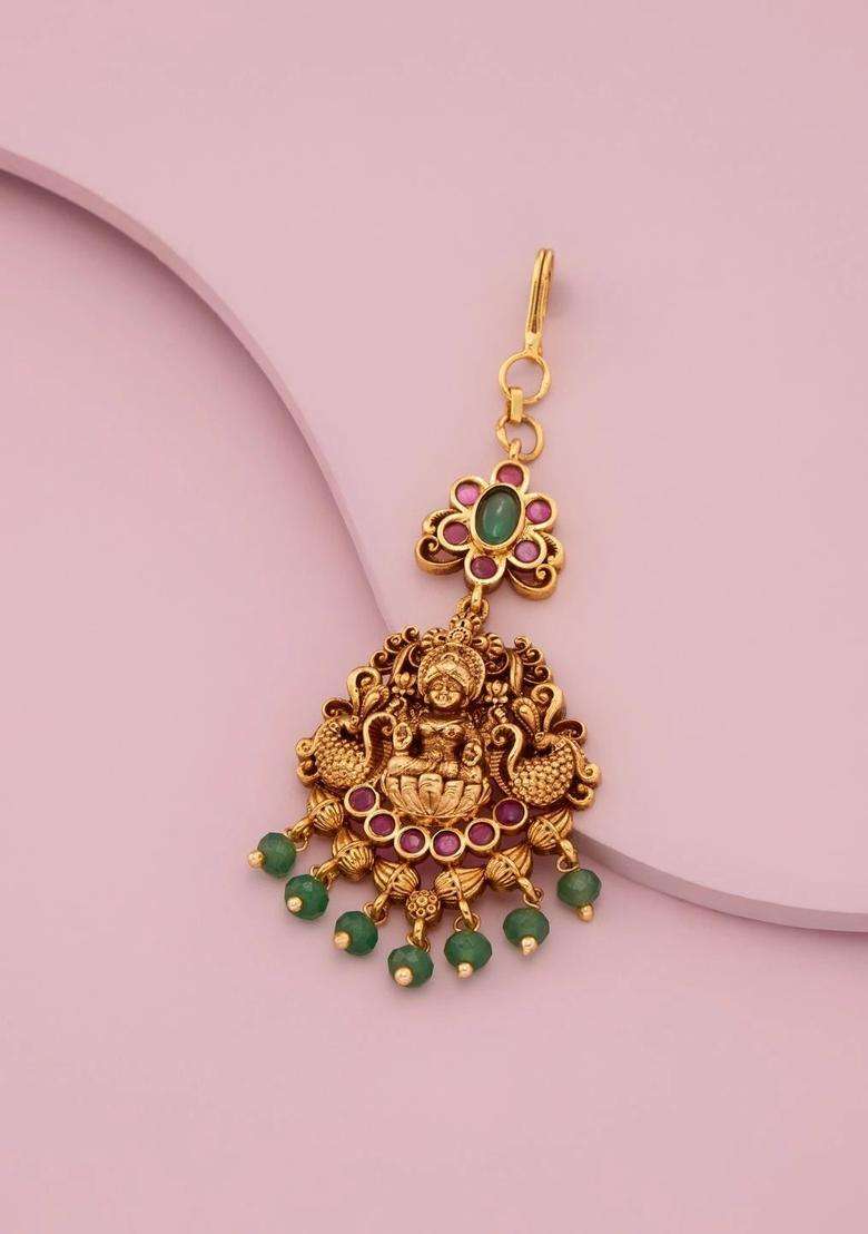 Gold-Plated Artificial Stones Studded Maang Tikka Head Jewellery for Women | Traditional Temple Jewellery for Wedding & Festive Wear | Gift for Her - Indya