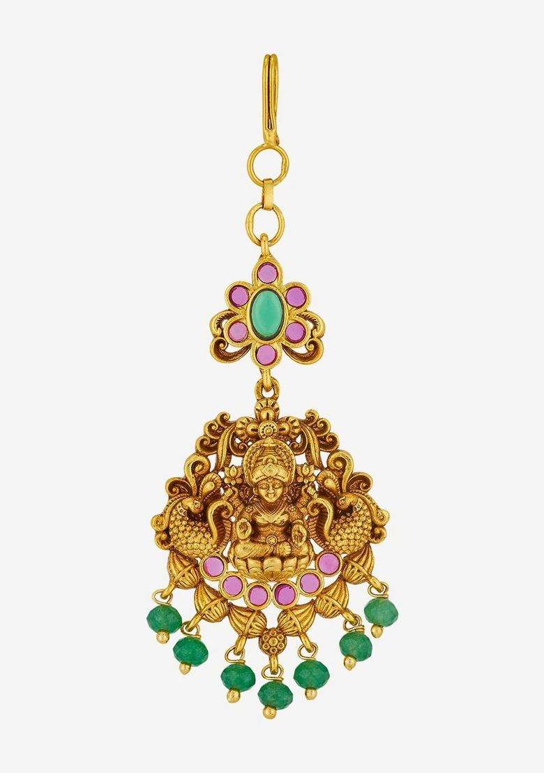 Gold-Plated Artificial Stones Studded Maang Tikka Head Jewellery for Women | Traditional Temple Jewellery for Wedding & Festive Wear | Gift for Her - Indya