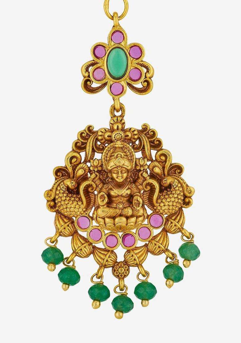 Gold-Plated Artificial Stones Studded Maang Tikka Head Jewellery for Women | Traditional Temple Jewellery for Wedding & Festive Wear | Gift for Her - Indya
