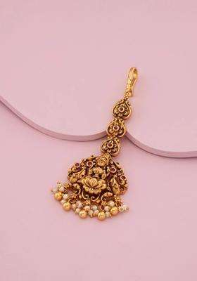 Gold-Plated Artificial Stones and Beads Studded Maang Tikka Head Jewellery for Women | Traditional Temple Jewellery for Wedding & Festive Wear | Gift for Her