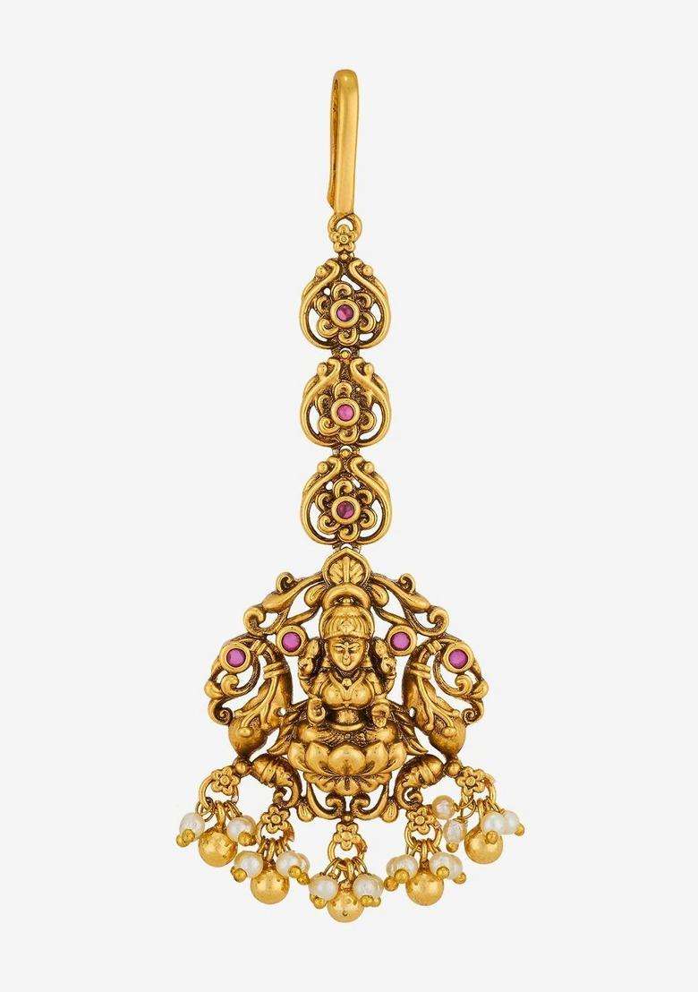 Gold-Plated Artificial Stones and Beads Studded Maang Tikka Head Jewellery for Women | Traditional Temple Jewellery for Wedding & Festive Wear | Gift for Her - Indya