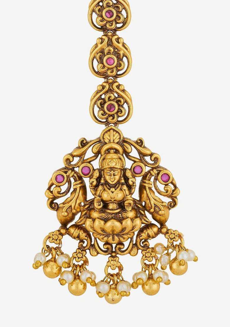 Gold-Plated Artificial Stones and Beads Studded Maang Tikka Head Jewellery for Women | Traditional Temple Jewellery for Wedding & Festive Wear | Gift for Her - Indya