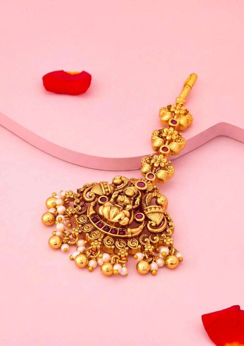 Gold-Plated Artificial Studded Maang Tikka Head Jewellery for Women | Traditional Temple Jewellery for Wedding & Festive Wear | Gift for Her - Indya