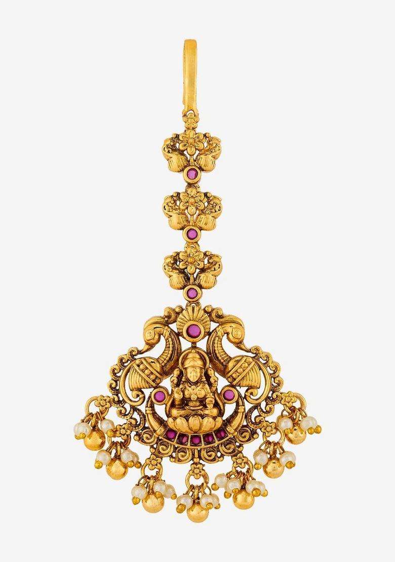 Gold-Plated Artificial Studded Maang Tikka Head Jewellery for Women | Traditional Temple Jewellery for Wedding & Festive Wear | Gift for Her - Indya
