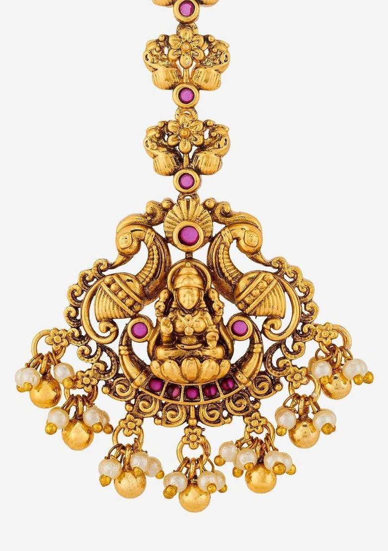 Gold-Plated Artificial Studded Maang Tikka Head Jewellery for Women | Traditional Temple Jewellery for Wedding & Festive Wear | Gift for Her - Indya