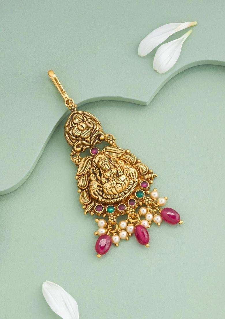 Gold-Plated Artificial Stones Studded Maang Tikka Head Jewellery for Women | Traditional Temple Jewellery for Wedding & Festive Wear | Gift for Her - Indya