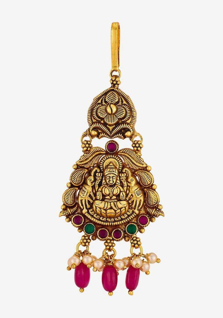 Gold-Plated Artificial Stones Studded Maang Tikka Head Jewellery for Women | Traditional Temple Jewellery for Wedding & Festive Wear | Gift for Her - Indya