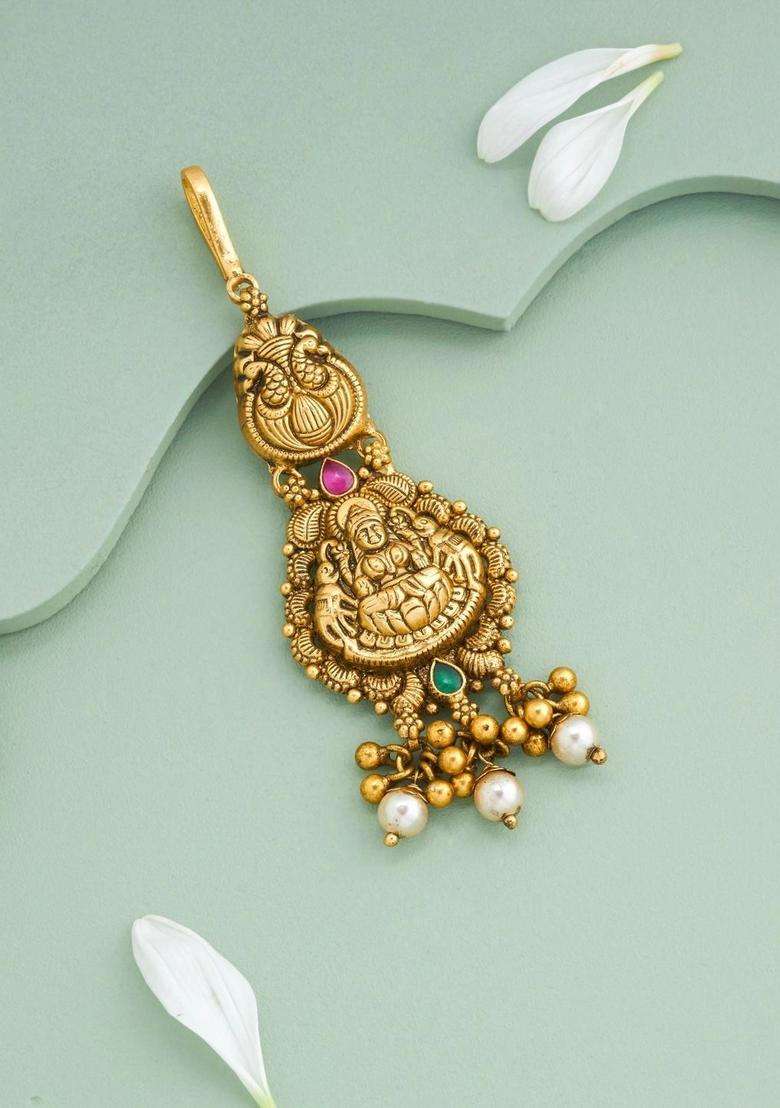 Gold-Plated Artificial Stones Maang Tikka Head Jewellery for Women | Traditional Temple Jewellery for Wedding & Festive Wear | Gift for Her - Indya