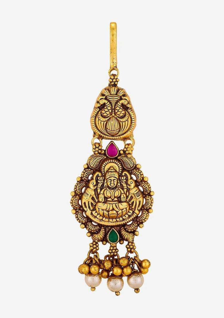 Gold-Plated Artificial Stones Maang Tikka Head Jewellery for Women | Traditional Temple Jewellery for Wedding & Festive Wear | Gift for Her - Indya