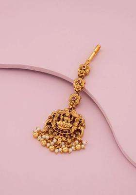 Gold-Plated Artificial Stones and Beads Studded Maang Tikka Head Jewellery for Women | Traditional Temple Jewellery for Wedding & Festive Wear | Gift for Her