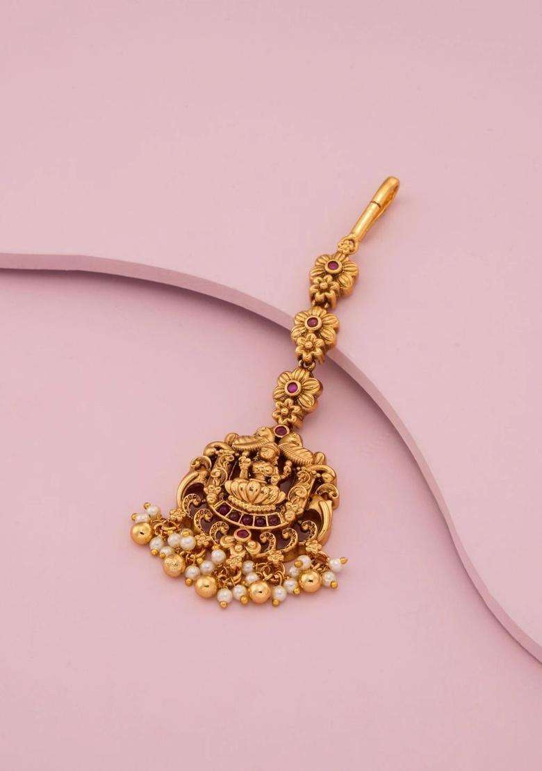 Gold-Plated Artificial Stones and Beads Studded Maang Tikka Head Jewellery for Women | Traditional Temple Jewellery for Wedding & Festive Wear | Gift for Her - Indya