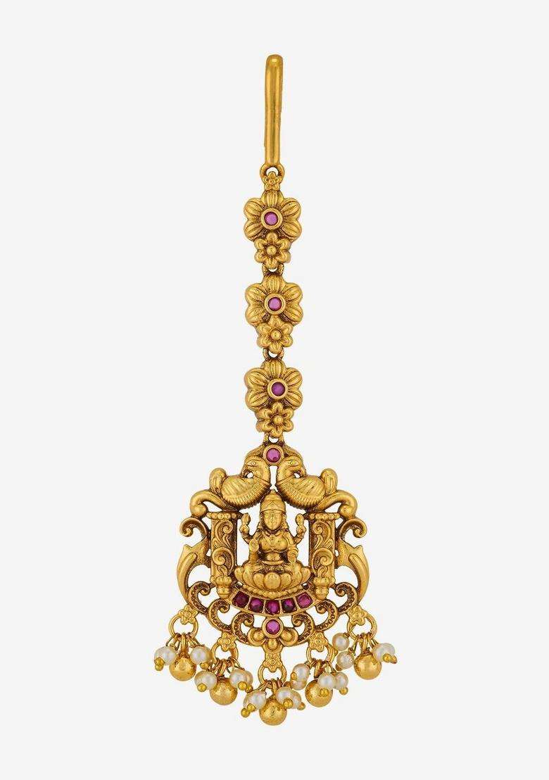 Gold-Plated Artificial Stones and Beads Studded Maang Tikka Head Jewellery for Women | Traditional Temple Jewellery for Wedding & Festive Wear | Gift for Her - Indya