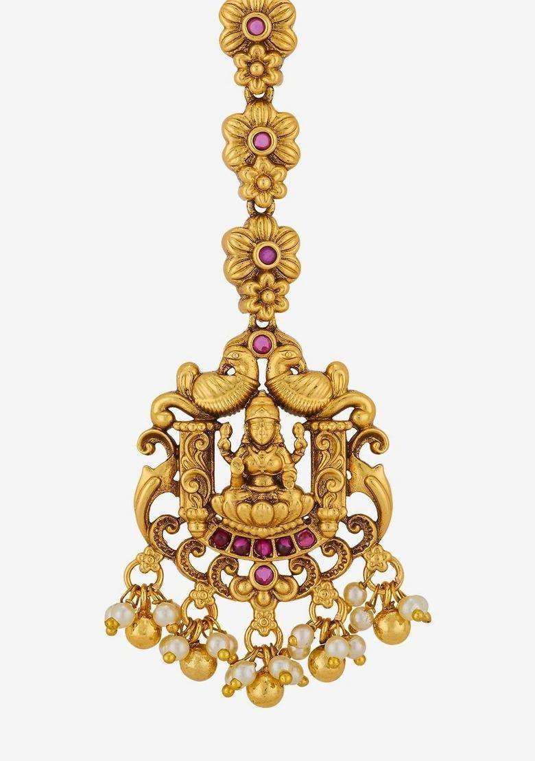 Gold-Plated Artificial Stones and Beads Studded Maang Tikka Head Jewellery for Women | Traditional Temple Jewellery for Wedding & Festive Wear | Gift for Her - Indya