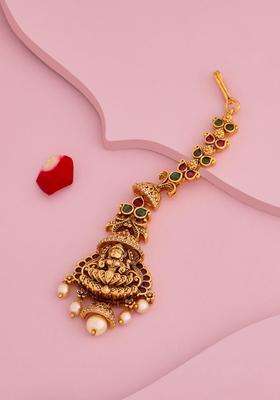 Copper Gold-Plated Artificial Stones Studded Maang Tikka for Women | Traditional Temple Jewellery for Wedding & Festive Wear | Gift for Her