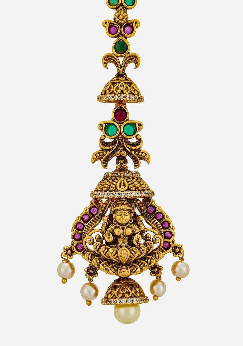 Copper Gold-Plated Artificial Stones Studded Maang Tikka for Women | Traditional Temple Jewellery for Wedding & Festive Wear | Gift for Her - Indya