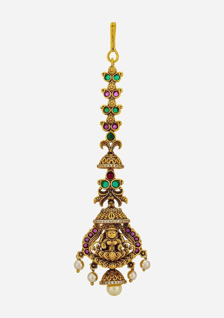 Copper Gold-Plated Artificial Stones Studded Maang Tikka for Women | Traditional Temple Jewellery for Wedding & Festive Wear | Gift for Her - Indya