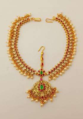 Gold-Plated Artificial Stones and Beads Studded Maang Head for Women | Traditional Temple Jewellery for Wedding & Festive Wear | Gift for Her