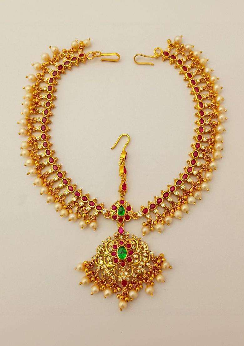 Gold-Plated Artificial Stones and Beads Studded Maang Head for Women | Traditional Temple Jewellery for Wedding & Festive Wear | Gift for Her - Indya