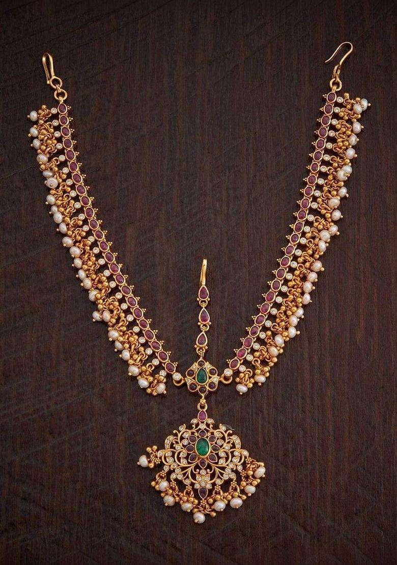 Gold-Plated Artificial Stones and Beads Studded Maang Head for Women | Traditional Temple Jewellery for Wedding & Festive Wear | Gift for Her - Indya