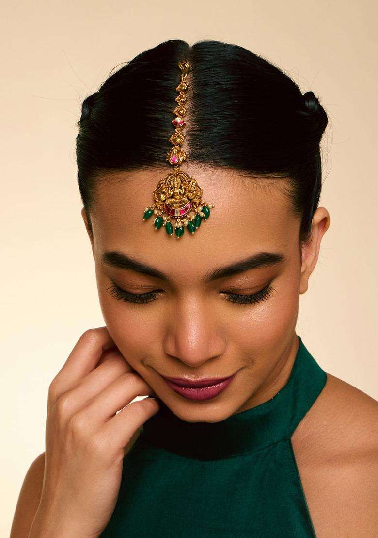 Silver-Plated Artificial Stones and Beads Studded Maang Tikka for Women | Traditional Temple Jewellery for Wedding & Festive Wear | Gift for Her - Indya