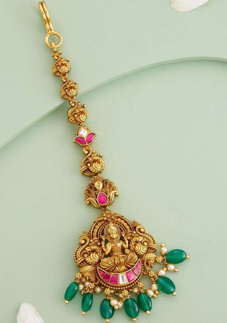 Silver-Plated Artificial Stones and Beads Studded Maang Tikka for Women | Traditional Temple Jewellery for Wedding & Festive Wear | Gift for Her - Indya